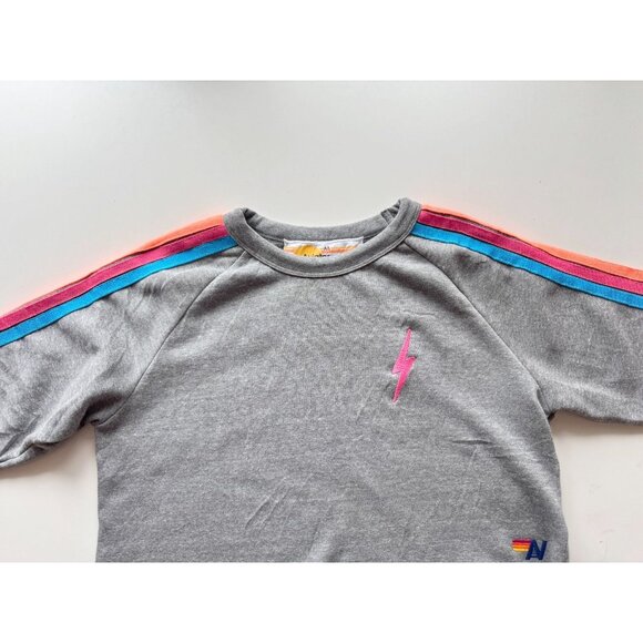 AVIATOR NATION Grey Neon Rainbow Bolt Embroidery Fleece Crop Sweatshirt, Size M - Picture 6 of 16